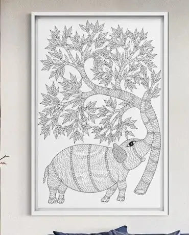 Elephant with a Tree Gond Art Pre-Drawn Canvas Painting for Coloring | 12 Free Colors & Brush Included