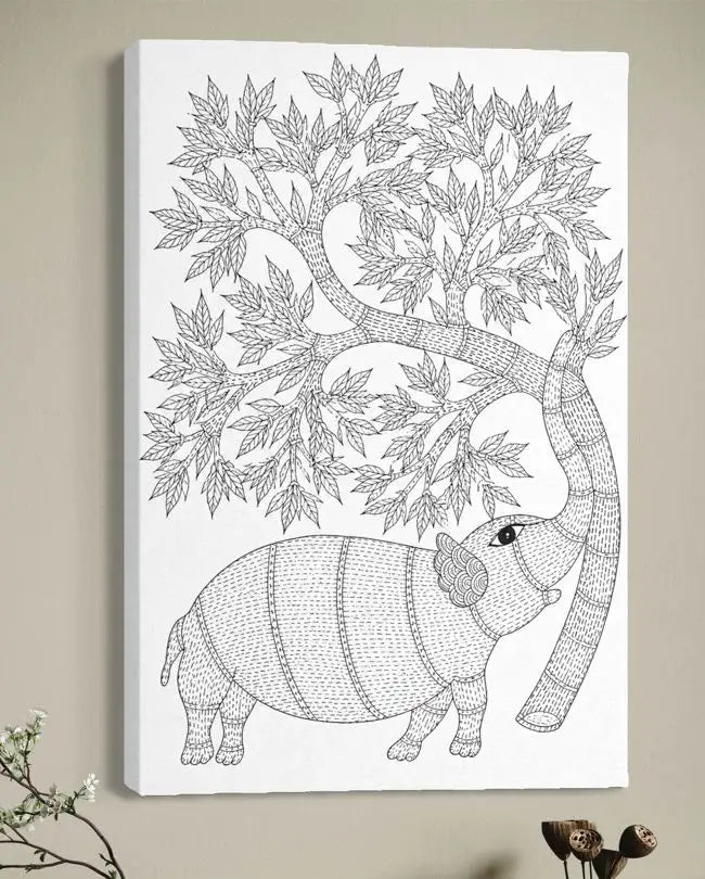 Elephant with a Tree Gond Art Pre-Drawn Canvas Painting for Coloring | 12 Free Colors & Brush Included