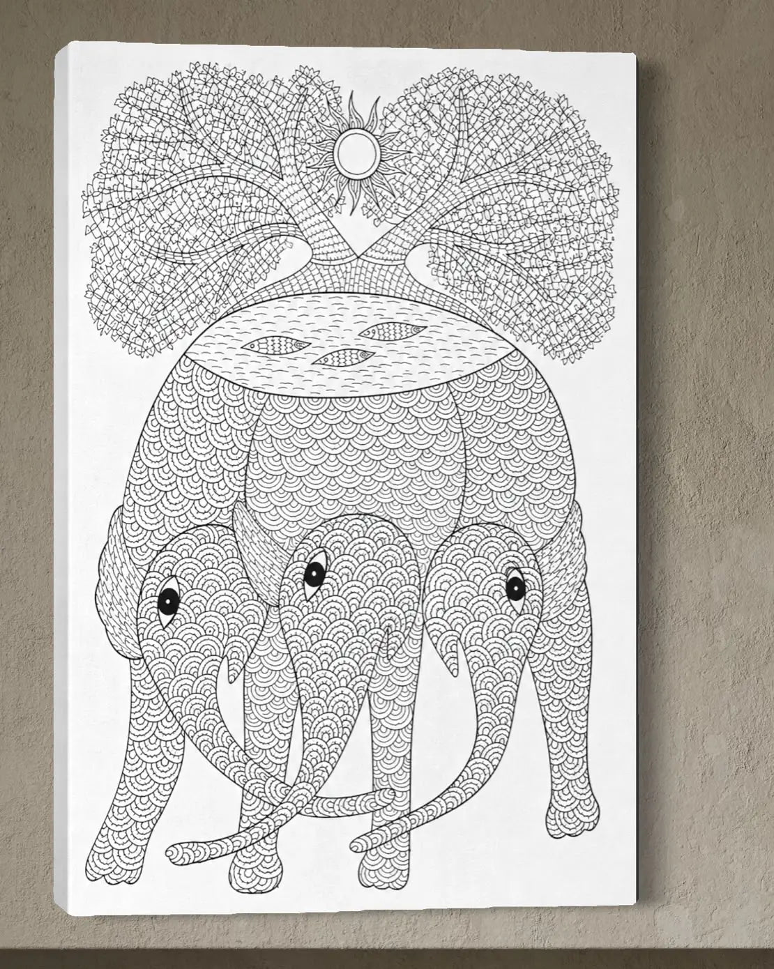 Multicolor Three Elephant with Tree Gond Art Pre-Drawn Canvas Painting for Coloring | 12 Free Colors & Brush Included