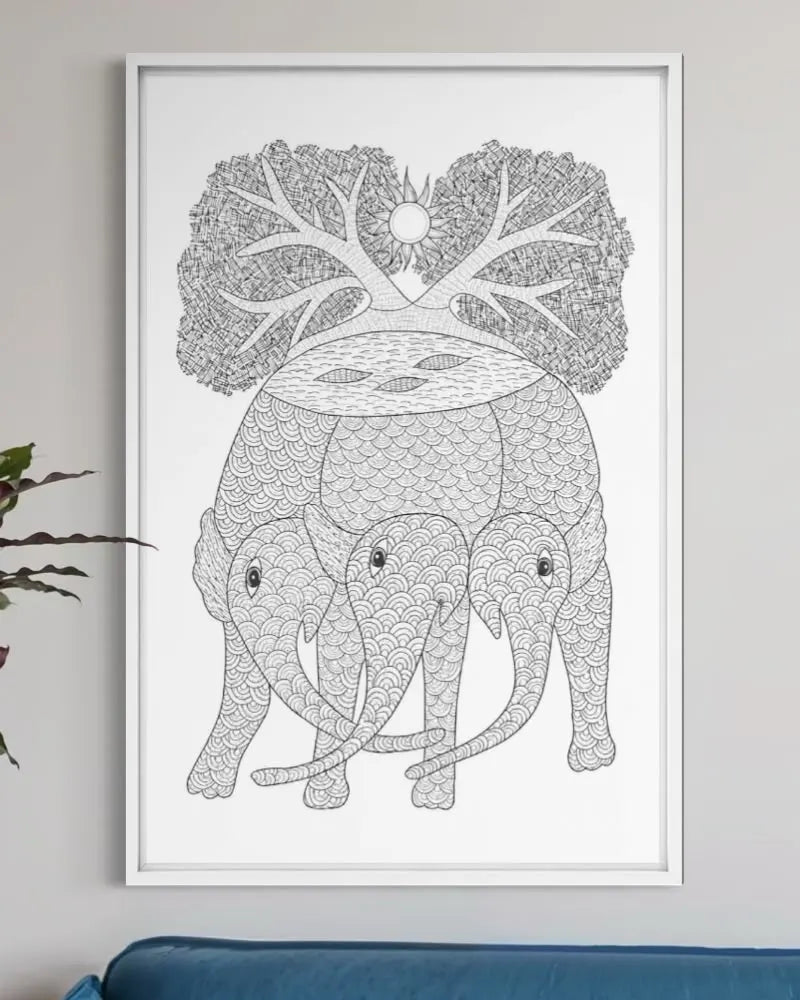 Multicolor Three Elephant with Tree Gond Art Pre-Drawn Canvas Painting for Coloring | 12 Free Colors & Brush Included