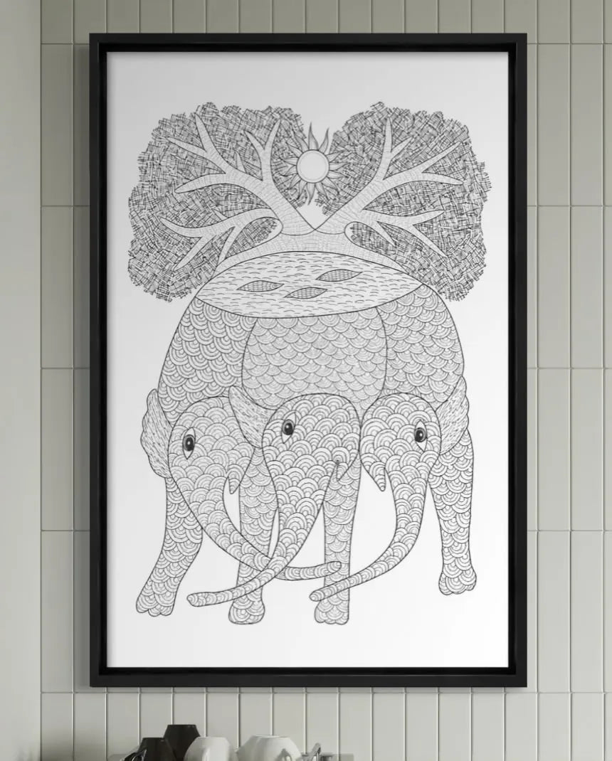 Multicolor Three Elephant with Tree Gond Art Pre-Drawn Canvas Painting for Coloring | 12 Free Colors & Brush Included