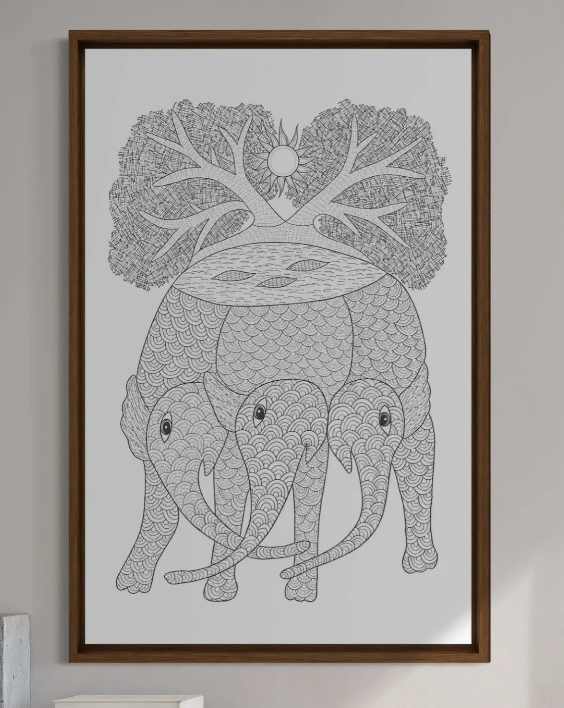 Multicolor Three Elephant with Tree Gond Art Pre-Drawn Canvas Painting for Coloring | 12 Free Colors & Brush Included