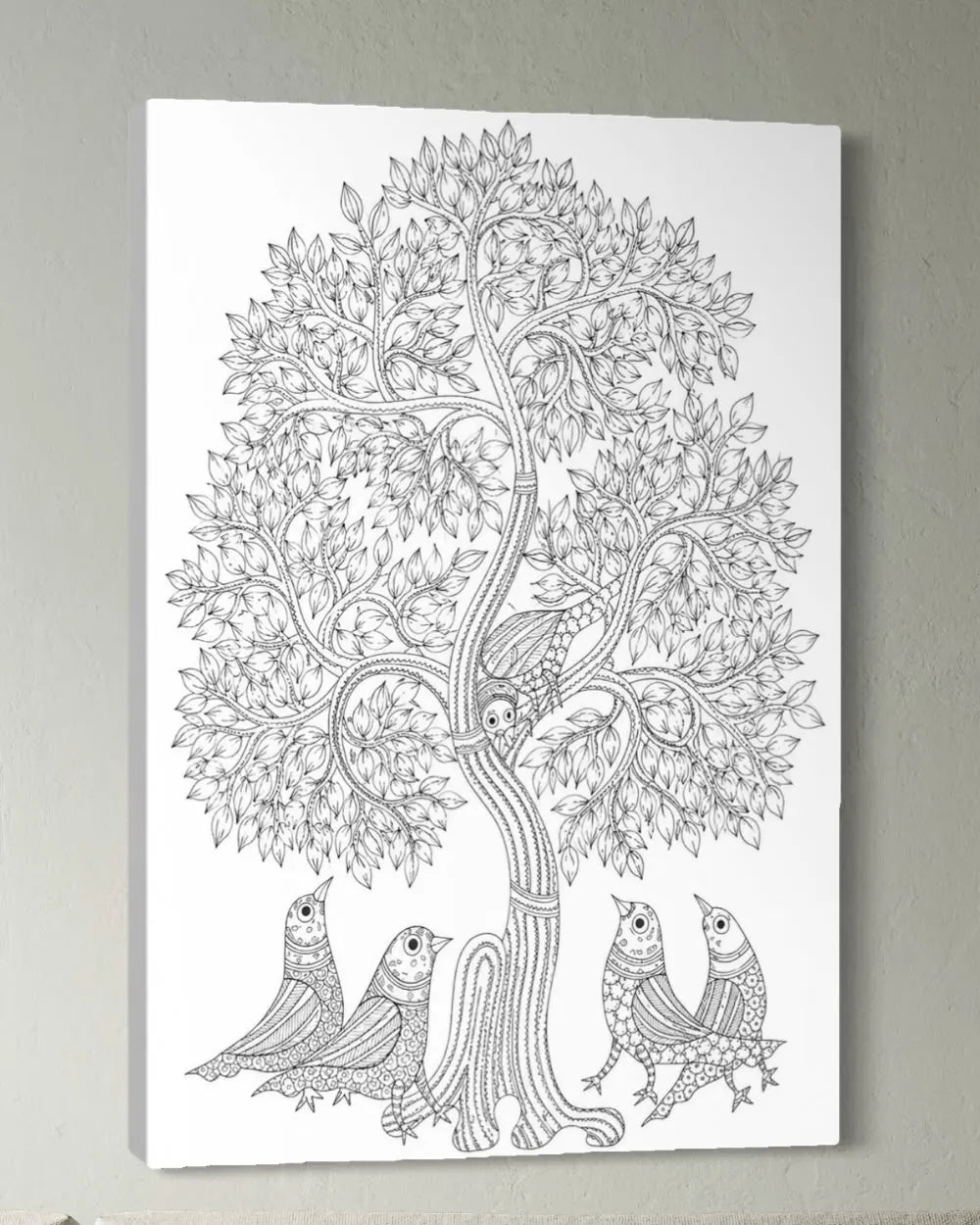 Birds under The Tree Gond Art Pre-Drawn Canvas Painting for Coloring | 12 Free Colors & Brush Included