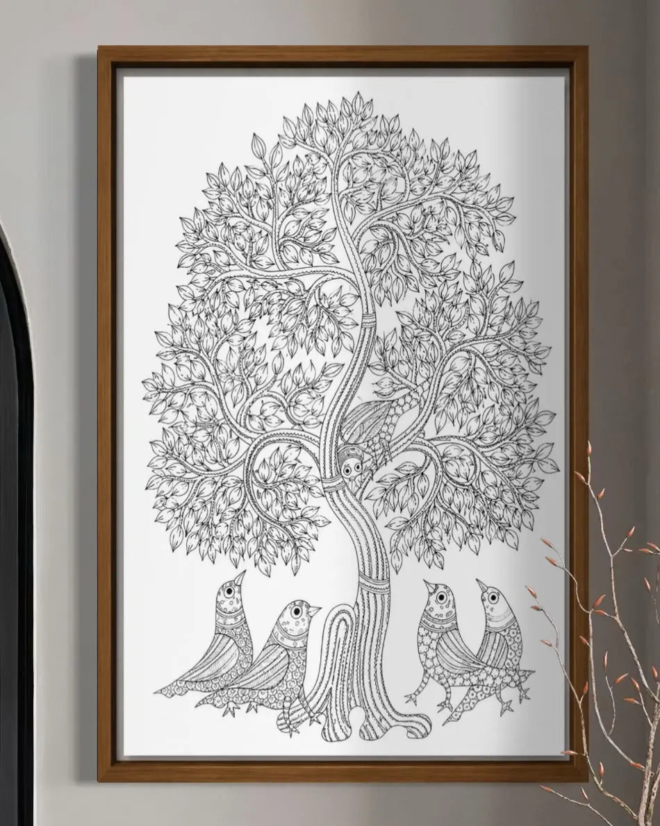 Birds under The Tree Gond Art Pre-Drawn Canvas Painting for Coloring | 12 Free Colors & Brush Included