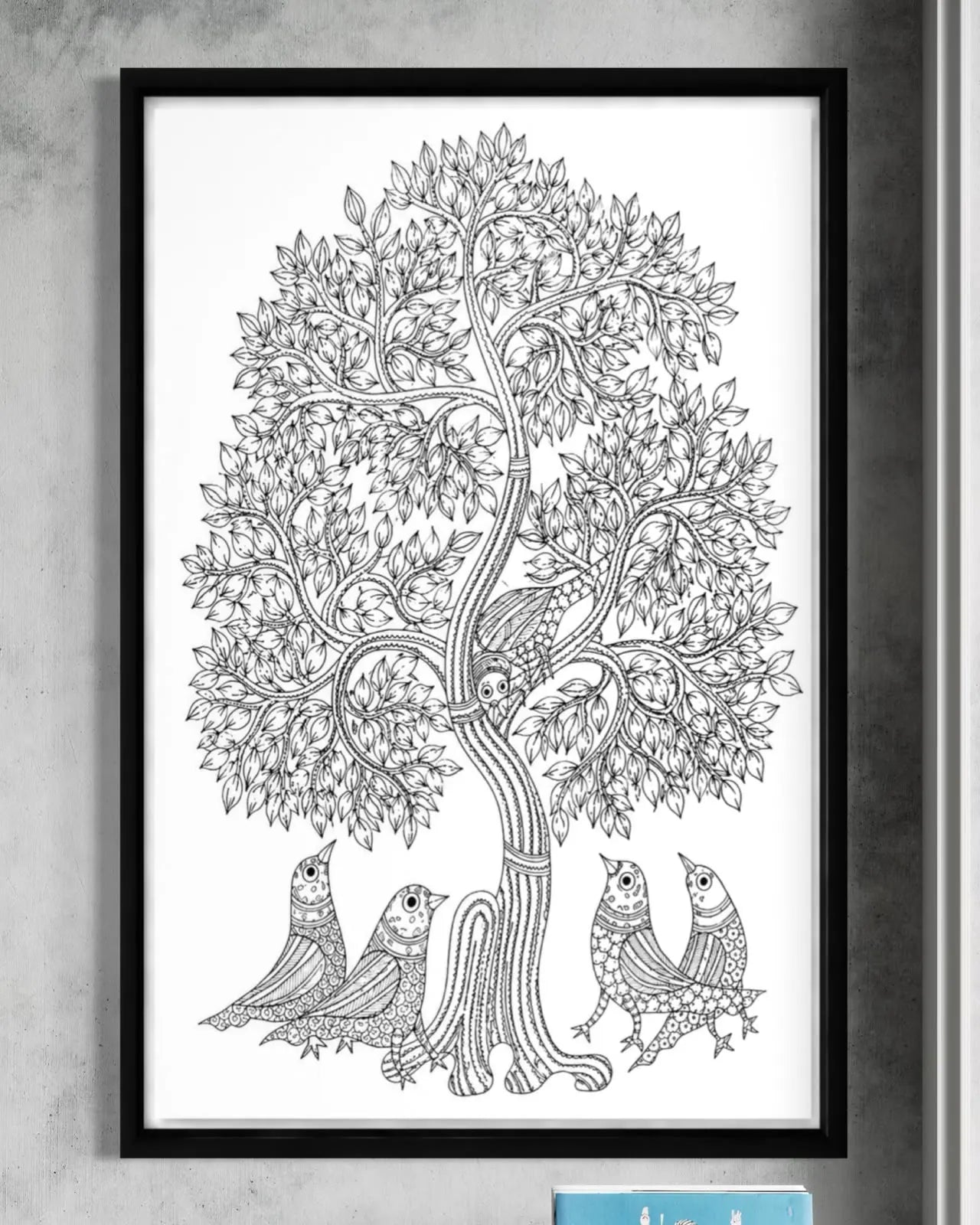 Birds under The Tree Gond Art Pre-Drawn Canvas Painting for Coloring | 12 Free Colors & Brush Included