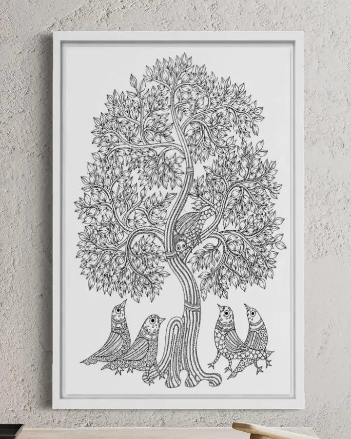 Birds under The Tree Gond Art Pre-Drawn Canvas Painting for Coloring | 12 Free Colors & Brush Included