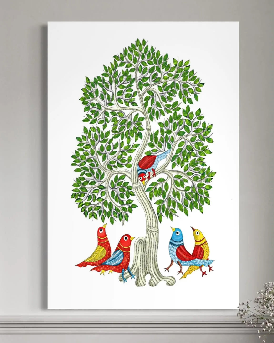 Birds under The Tree Gond Art Pre-Drawn Canvas Painting for Coloring | 12 Free Colors & Brush Included