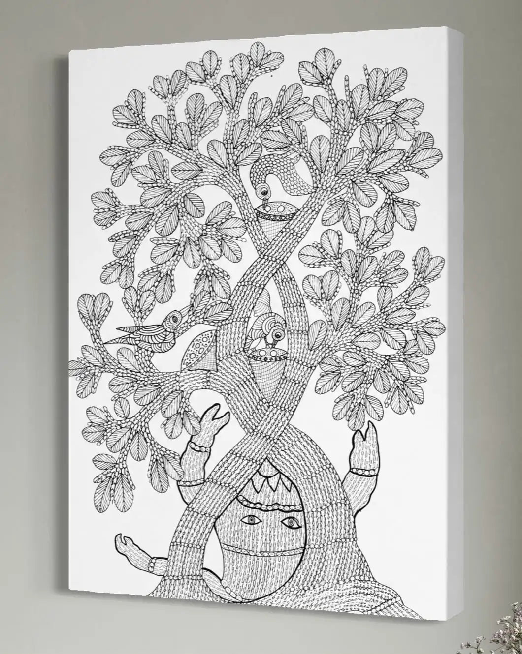 Bird of Life Gond Art Pre-Drawn Canvas Painting for Coloring | 12 Free Colors & Brush Included