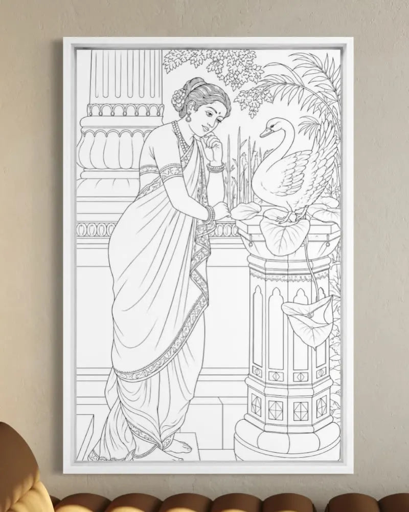 Hamsa Damayanthi by Raja Ravi Varma Pre-Drawn Canvas Painting for Coloring | 12 Free Colors & Brush Included