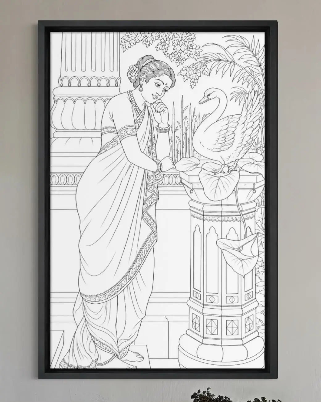 Hamsa Damayanthi by Raja Ravi Varma Pre-Drawn Canvas Painting for Coloring | 12 Free Colors & Brush Included