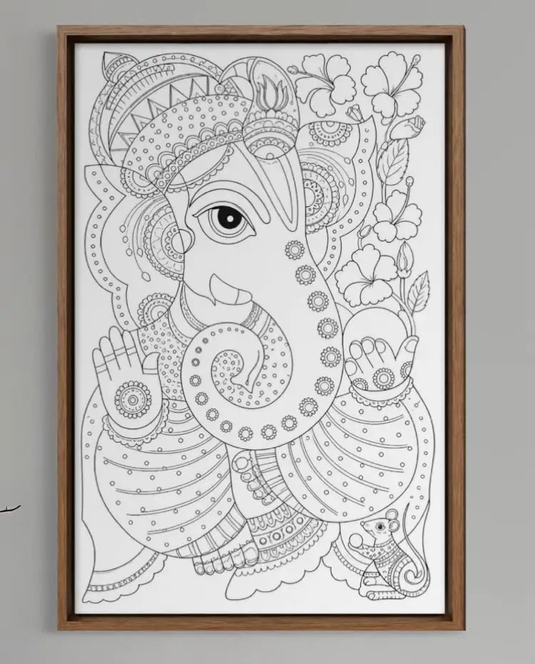 Lord Ganesha Madhubani Art Pre-Drawn Canvas Painting for Coloring | 12 Free Colors & Brush Included