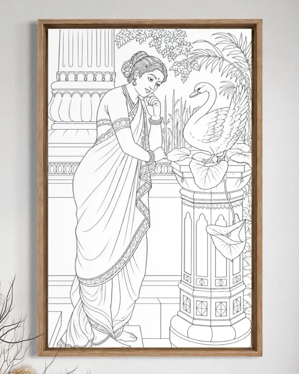 Hamsa Damayanthi by Raja Ravi Varma Pre-Drawn Canvas Painting for Coloring | 12 Free Colors & Brush Included