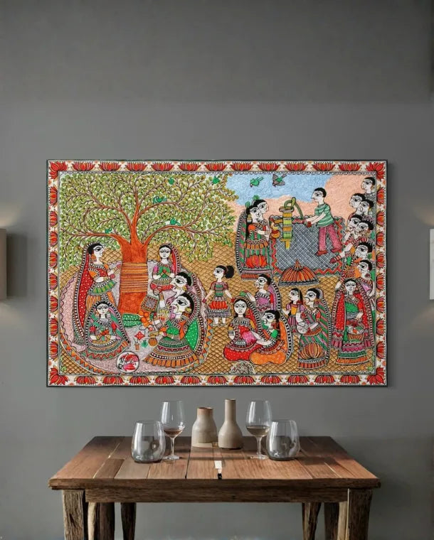 Barsait Festival Celebration Madhubani Pre-Drawn Canvas Painting for Coloring | 12 Free Colors & Brush Included