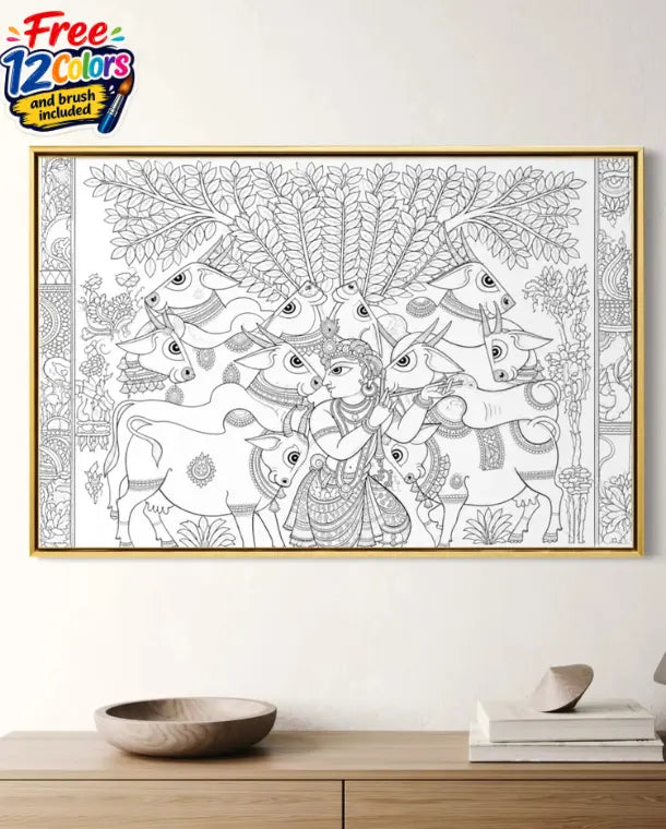 Lord Krishna Surrounded By Sacred Cows Pichwai Pre-Drawn Canvas Painting for Coloring | 12 Free Colors & Brush Included