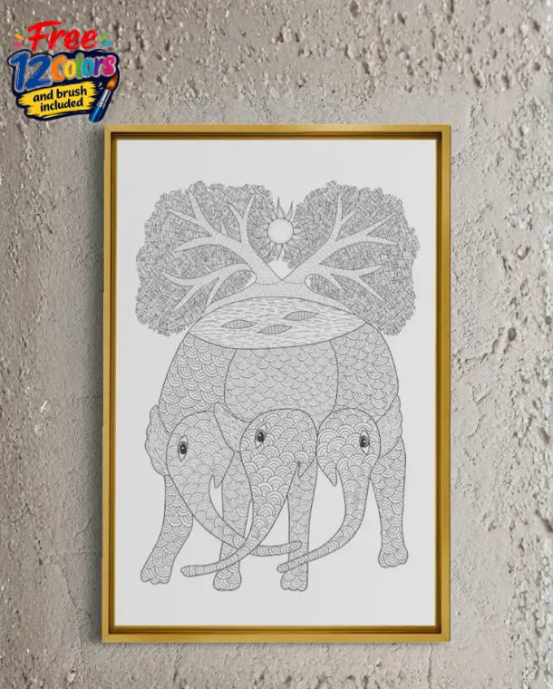 Multicolor Three Elephant with Tree Gond Art Pre-Drawn Canvas Painting for Coloring | 12 Free Colors & Brush Included