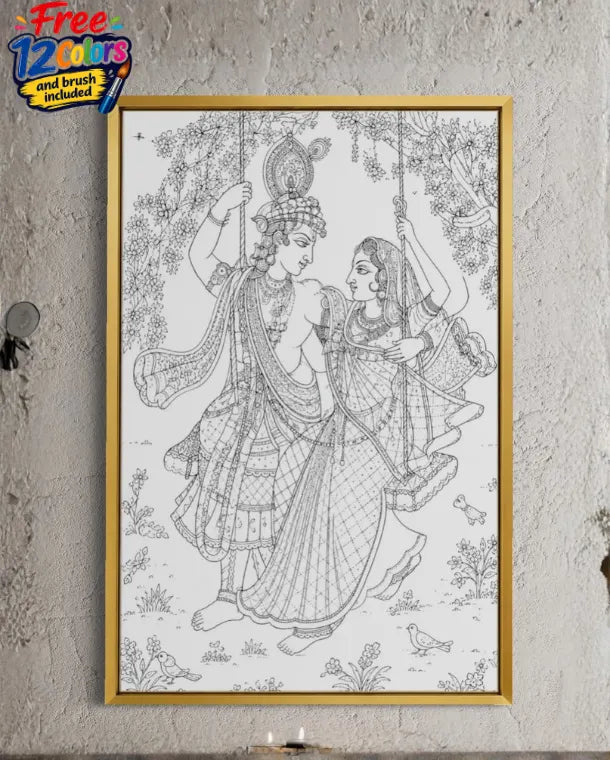 Radha Krishna Swing in a lush Pichwai Pre-Drawn Canvas Painting for Coloring | 12 Free Colors & Brush Included