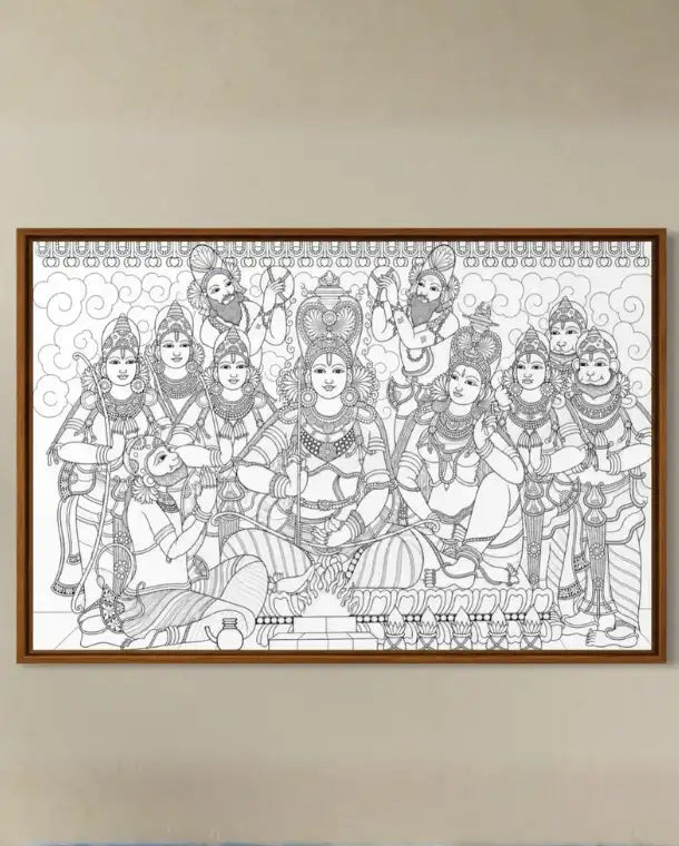 Shree Ram Darbar Kerala Mural Pre-Drawn Canvas Painting for Coloring | 12 Free Colors & Brush Included