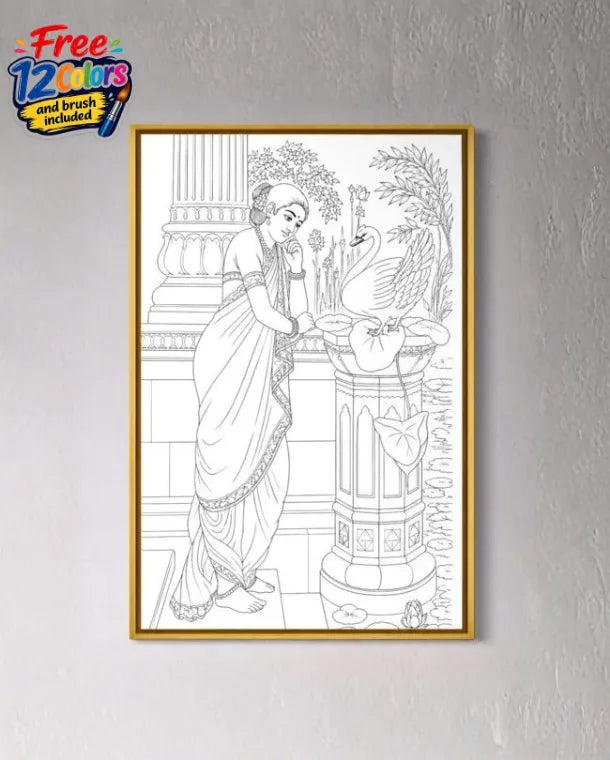 Hamsa Damayanthi by Raja Ravi Varma Pre-Drawn Canvas Painting for Coloring | 12 Free Colors & Brush Included