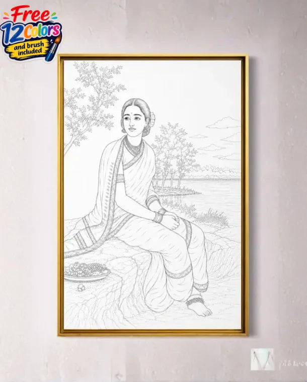 Radha in Moonlight by Raja Ravi Varma Pre-Drawn Canvas Painting for Coloring | 12 Free Colors & Brush Included