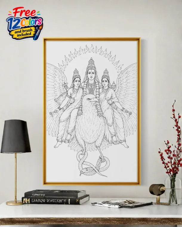 Vishnu on Garuda with His Consorts by Raja Ravi Varma Pre-Drawn Canvas Painting for Coloring | 12 Free Colors & Brush Included