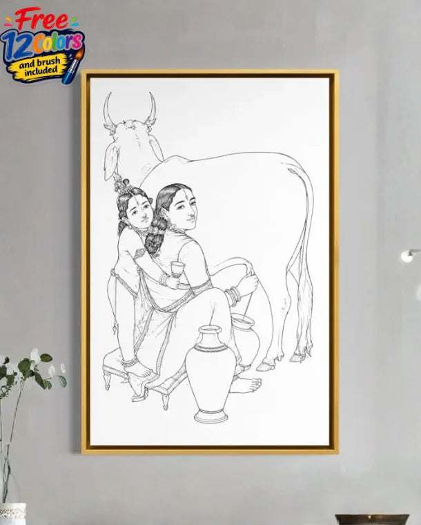 Yashoda and Krishna by Raja Ravi Varma Pre-Drawn Canvas Painting for Coloring | 12 Free Colors & Brush Included