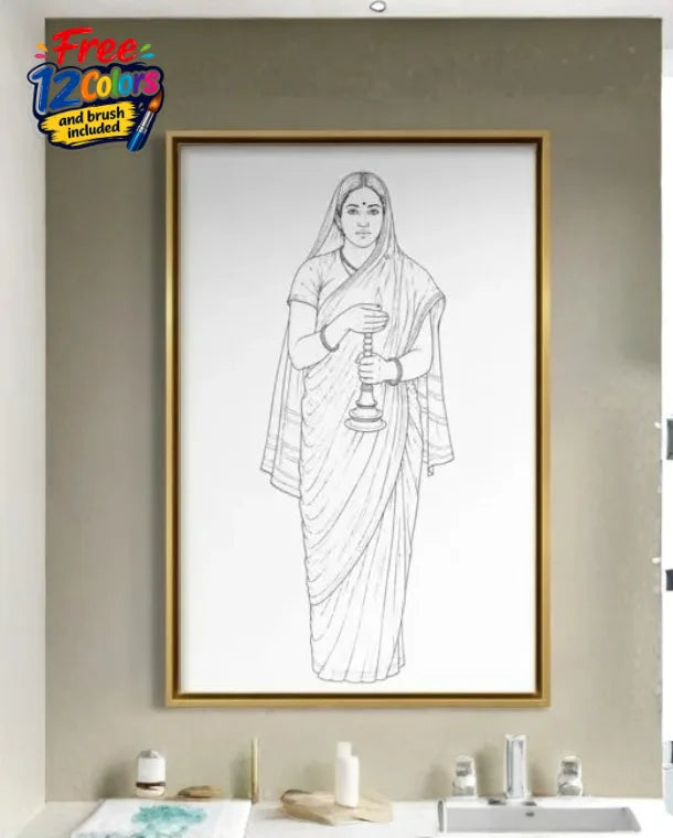 Glow of Hope | Lady with the Lamp by Raja Ravi Varma Pre-Drawn Canvas Painting for Coloring | 12 Free Colors & Brush Included