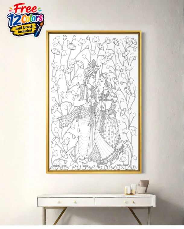Radha Krishna Pichwai Pre-Drawn Canvas Painting for Coloring | 12 Free Colors & Brush Included