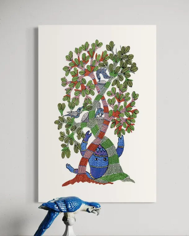 Bird of Life Gond Art Pre-Drawn Canvas Painting for Coloring | 12 Free Colors & Brush Included