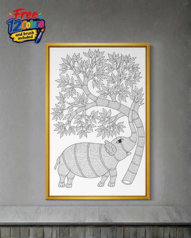 Elephant with a Tree Gond Art Pre-Drawn Canvas Painting for Coloring | 12 Free Colors & Brush Included