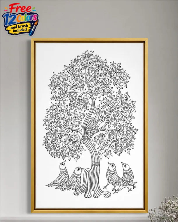 Birds under The Tree Gond Art Pre-Drawn Canvas Painting for Coloring | 12 Free Colors & Brush Included