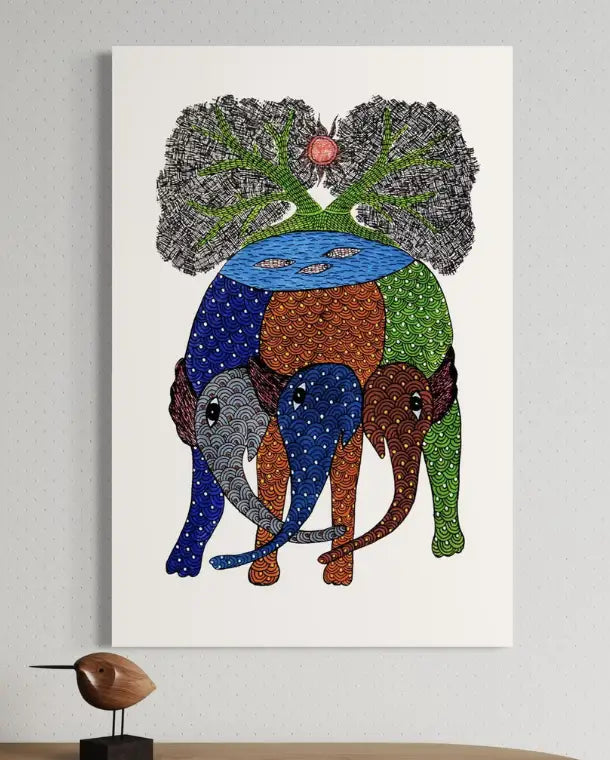 Multicolor Three Elephant with Tree Gond Art Pre-Drawn Canvas Painting for Coloring | 12 Free Colors & Brush Included