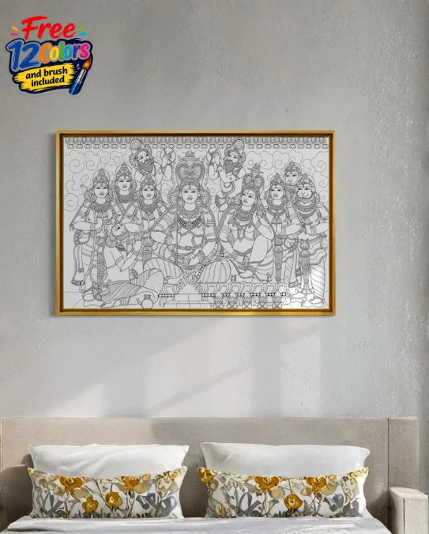 Shree Ram Darbar Kerala Mural Pre-Drawn Canvas Painting for Coloring | 12 Free Colors & Brush Included
