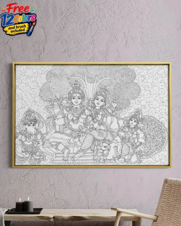 Shiva Parvati Parivar Kerala Mural Pre-Drawn Canvas Painting for Coloring | 12 Free Colors & Brush Included