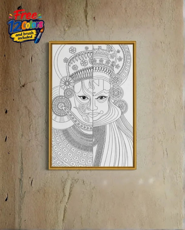 Kathakali classical Indian dance-drama Kerala Mural Pre-Drawn Canvas Painting for Coloring | 12 Free Colors & Brush Included
