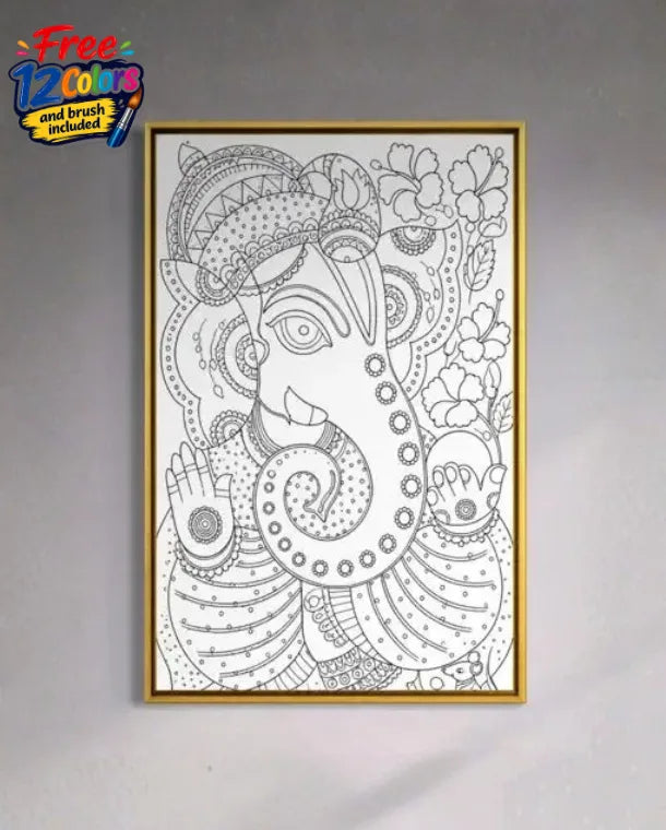 Lord Ganesha Madhubani Art Pre-Drawn Canvas Painting for Coloring | 12 Free Colors & Brush Included