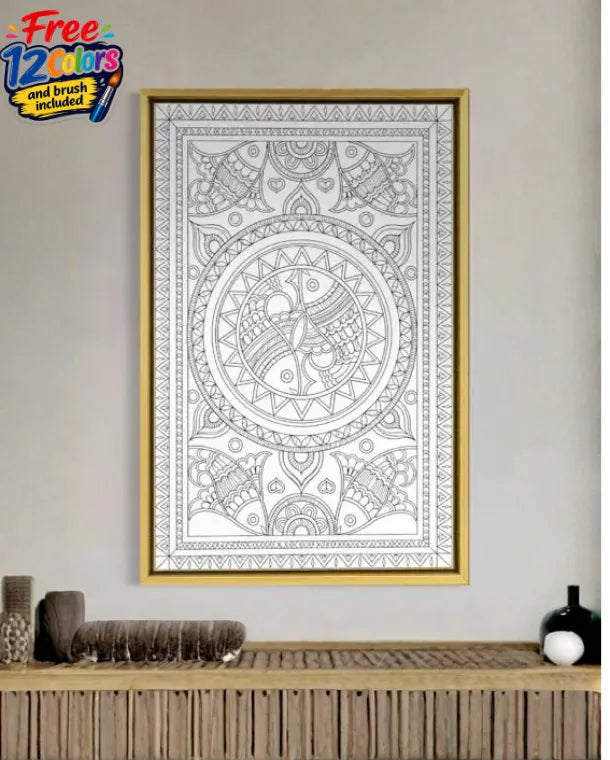 Yin Yang Fish Madhubani Pre-Drawn Canvas Painting for Coloring | 12 Free Colors & Brush Included
