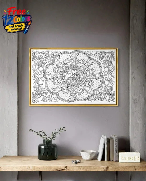 Colourful Madhubani Krishna Leela Pre-Drawn Canvas Painting for Coloring | 12 Free Colors & Brush Included