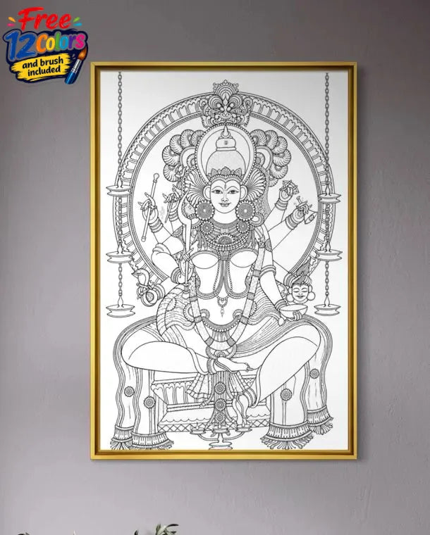 Thirumandhamkunnu Bhagavathy Kerala Mural Pre-Drawn Canvas Painting for Coloring | 12 Free Colors & Brush Included