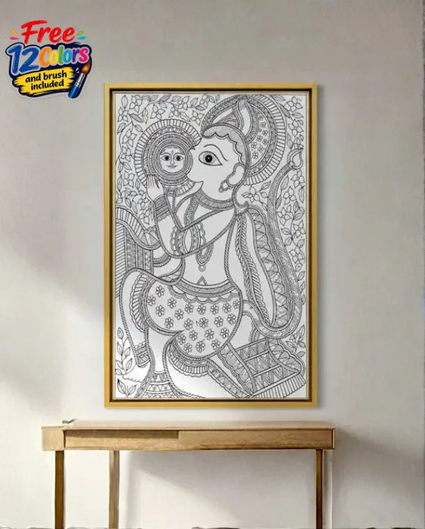 Lord Hanuman Devouring the Sun Madhubani Pre-Drawn Canvas Painting for Coloring | 12 Free Colors & Brush Included