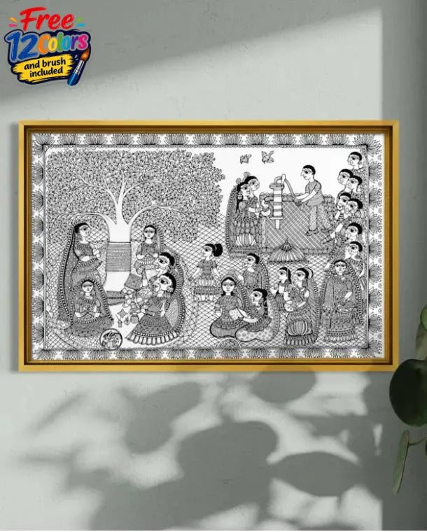 Barsait Festival Celebration Madhubani Pre-Drawn Canvas Painting for Coloring | 12 Free Colors & Brush Included