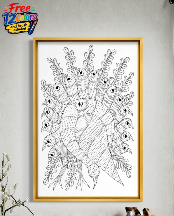 Colorful Gond Art Bird Tree Pre-Drawn Canvas Painting for Coloring | 12 Free Colors & Brush Included