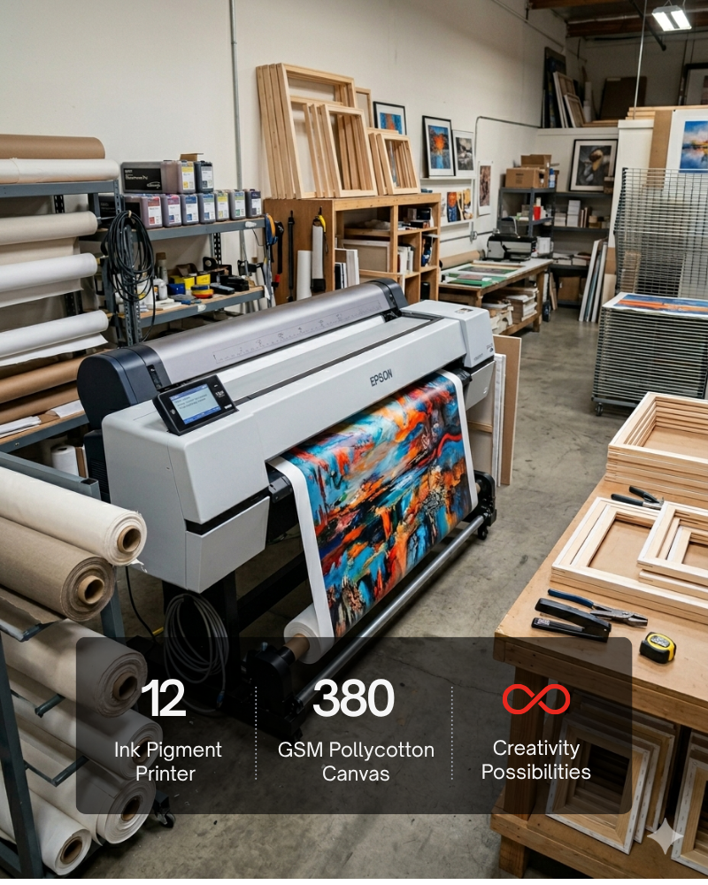 Large inkjet printer in a workshop setting with materials and tools around